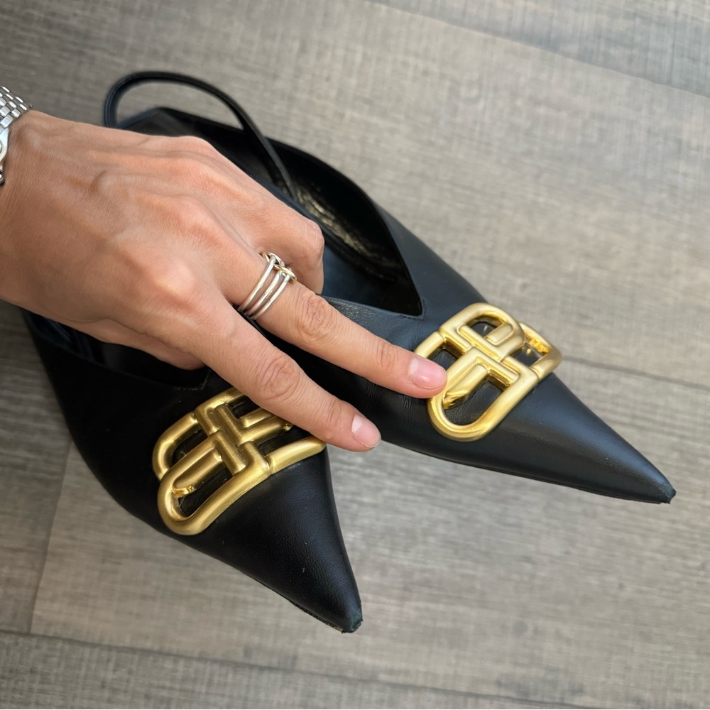 BALENCIAGA Square Knife BB Slingback Black Leather Mules - Picture 9 of 11